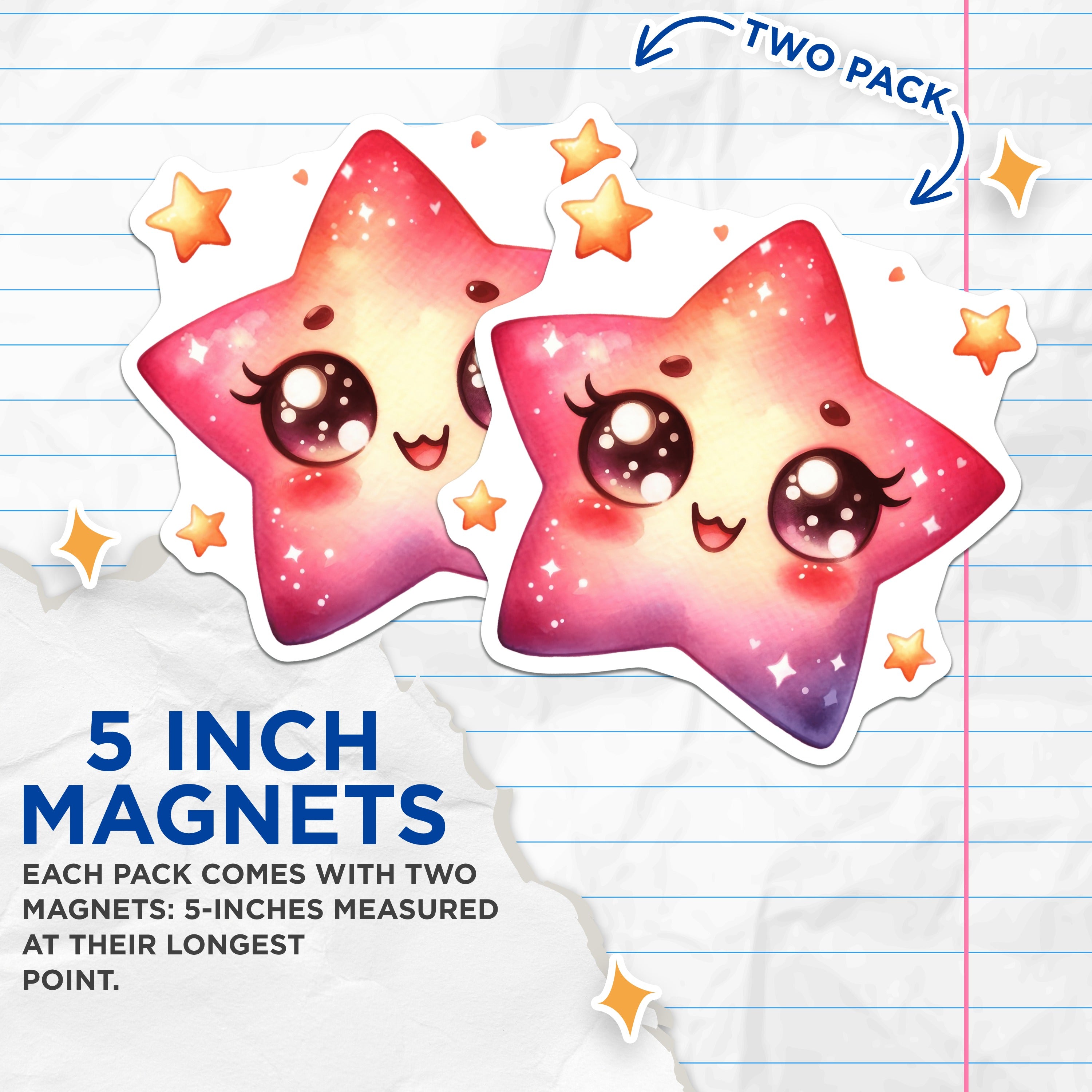 (2 Pack) Kawaii Star Magnets - Cute Celestial Fridge Decor - Smiling Star Locker Accessory - 5 Inches On Longest Side - Thick Durable Magnet - Made in USA - MAG38912