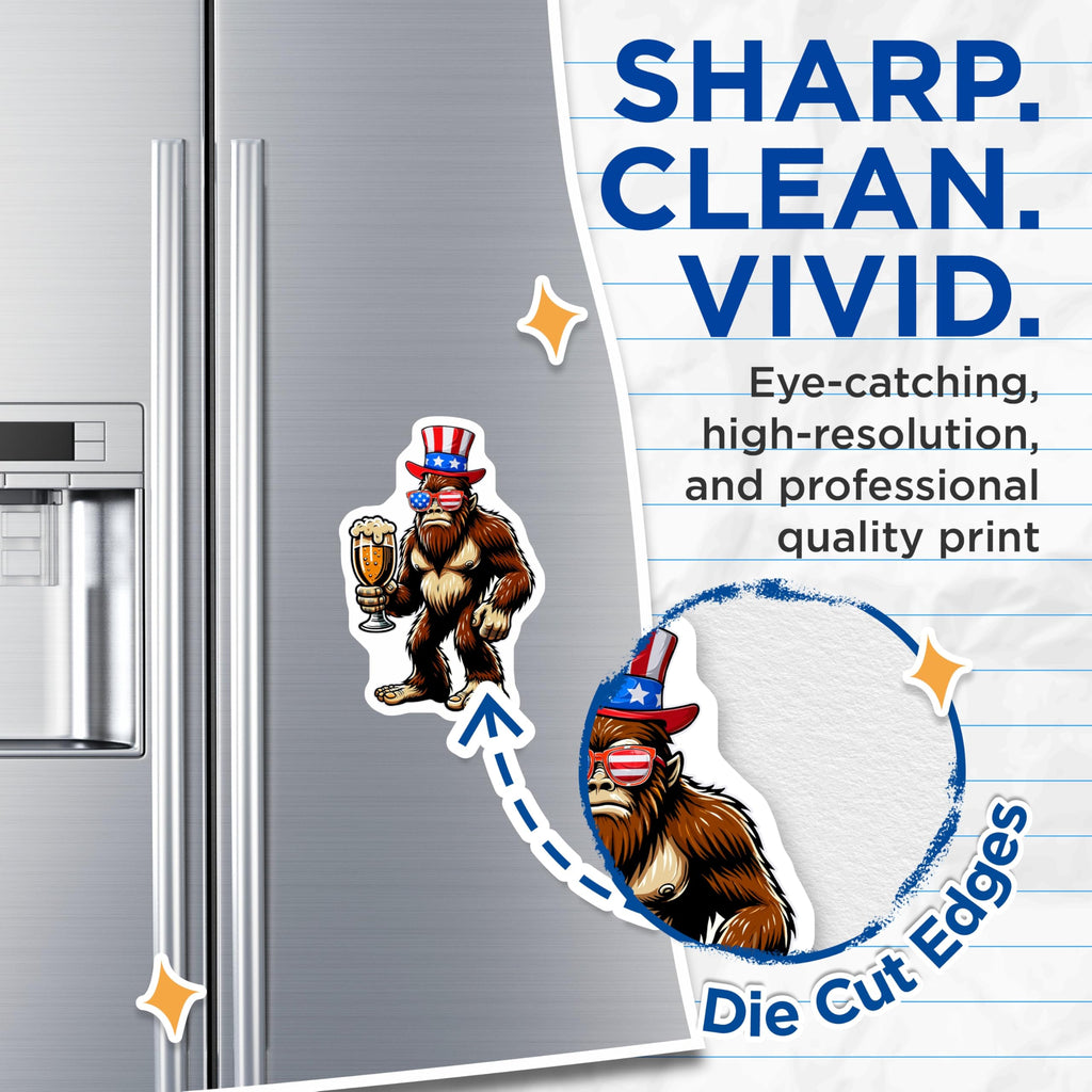 (2 Pack) Patriotic Bigfoot Magnets - American Sasquatch Beer - Fourth of July Humor Fridge Decor - 5 Inches On Longest Side - Thick Durable Magnet - Made in USA - MAG22691