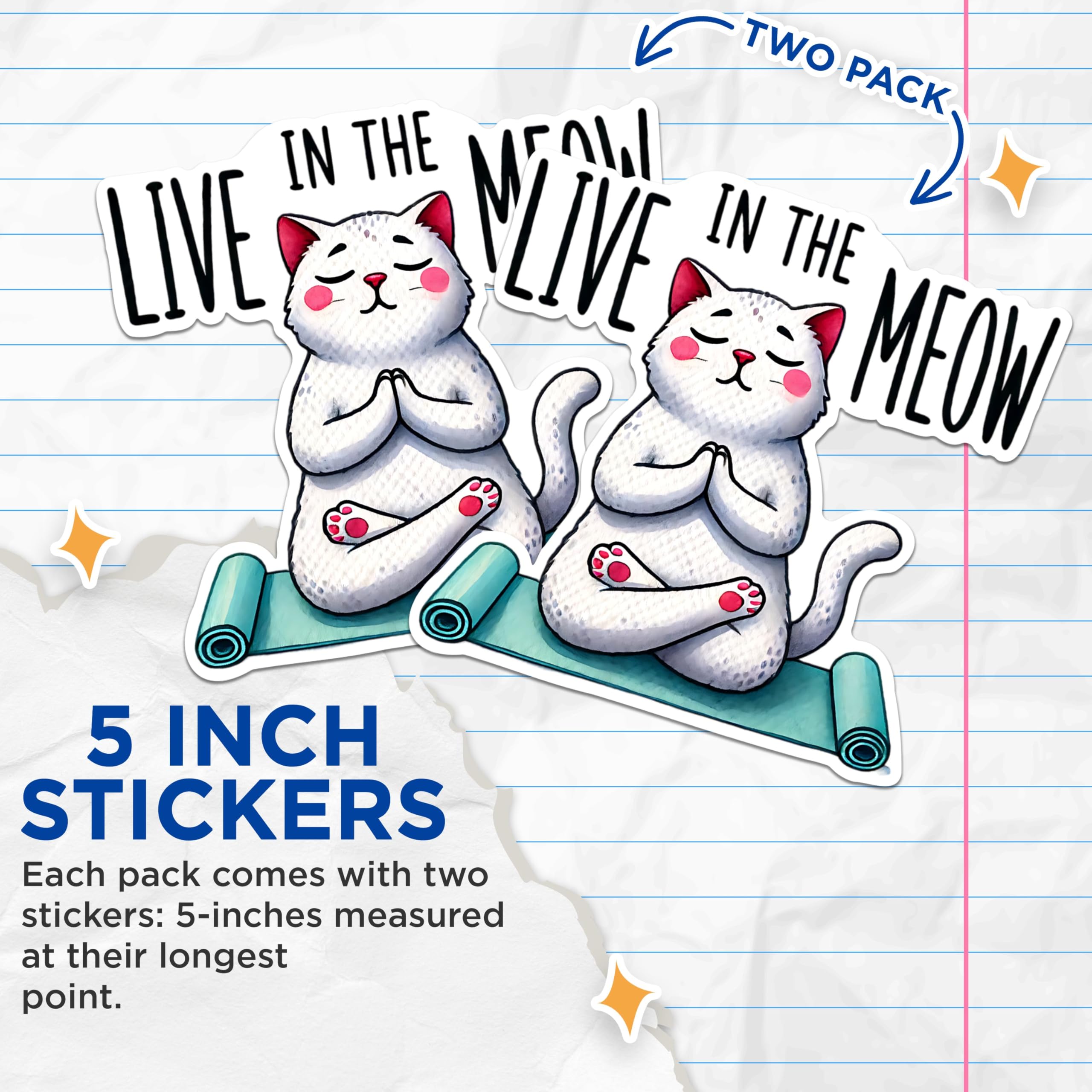 (2 Packs) Live In The Meow Stickers - Cute Funny Peaceful Cat Meditating Meditation Decals - 5 Inches On Longest Side - Premium Vinyl Decal - Sticks To Any Smooth Flat Surface - Made In USA - BMCS2415