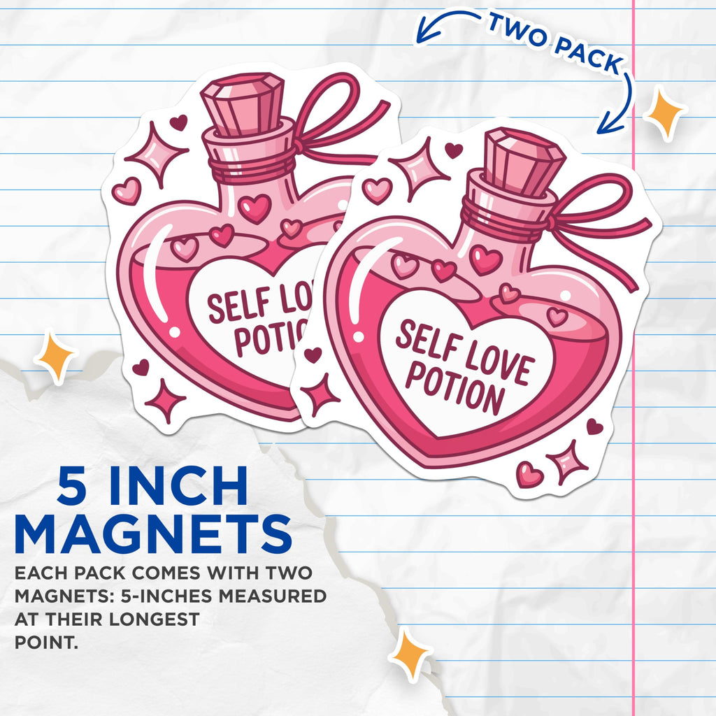 (2 Pack) Self Love Potion Magnets - Heart Bottle Aesthetic - Positive Affirmation Decor - 5 Inches On Longest Side - Thick Durable Magnet - Made in USA - MAG22522