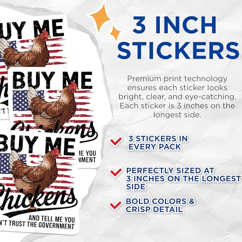 (3 Pack) Buy Me Chickens Decals - American Flag - Funny Farm Animal - 3 Inches On Longest Side - Easy Peel & Apply - Made in USA - 3MCS1084