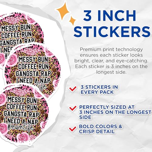 (3 Pack) Messy Bun Coffee Run Decals - Mom Life Gangsta Rap Decal - Laptop Decals - 3 Inches On Longest Side - Easy Peel & Apply - Made in USA - 3MCS4469