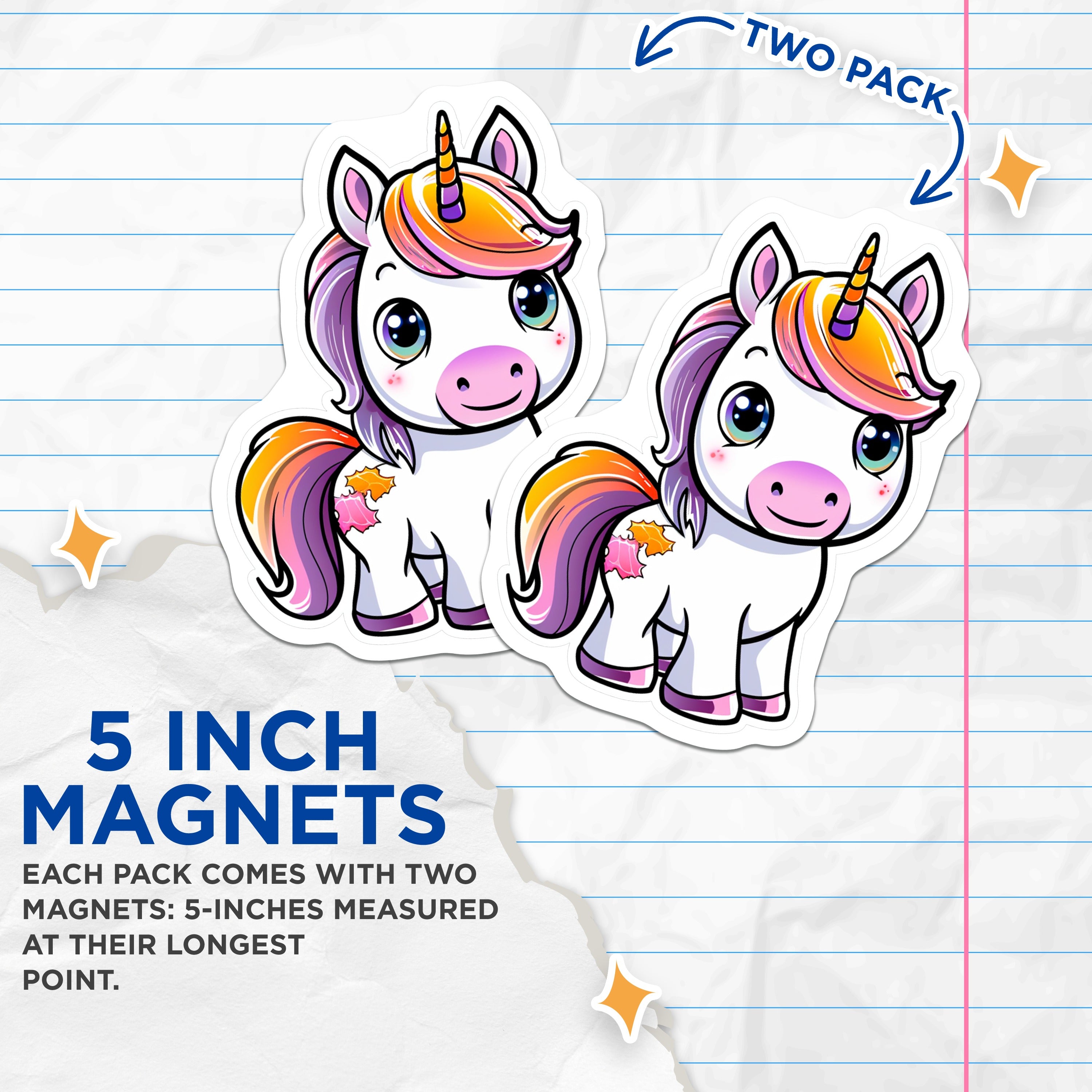 (2 Pack) Cute Unicorn Magnets - Kawaii Rainbow Fantasy Decor - Kids Room Locker Fridge Accessory - 5 Inches On Longest Side - Thick Durable Magnet - Made in USA - MAG39735
