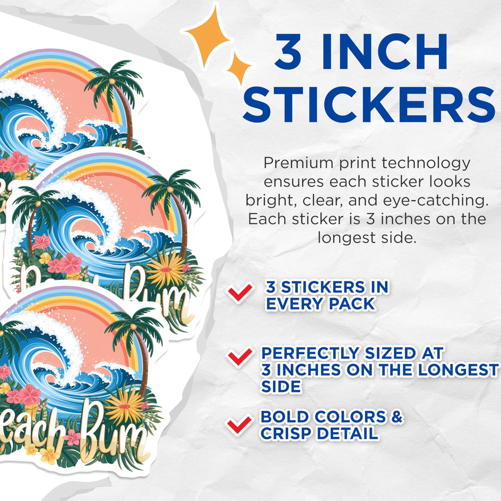 (3 Pack) Beach Bum Decals - Tropical Wave - Rainbow Decal - Summer Vibes - 3 Inches On Longest Side - Easy Peel & Apply - Made in USA - 3MCS8353