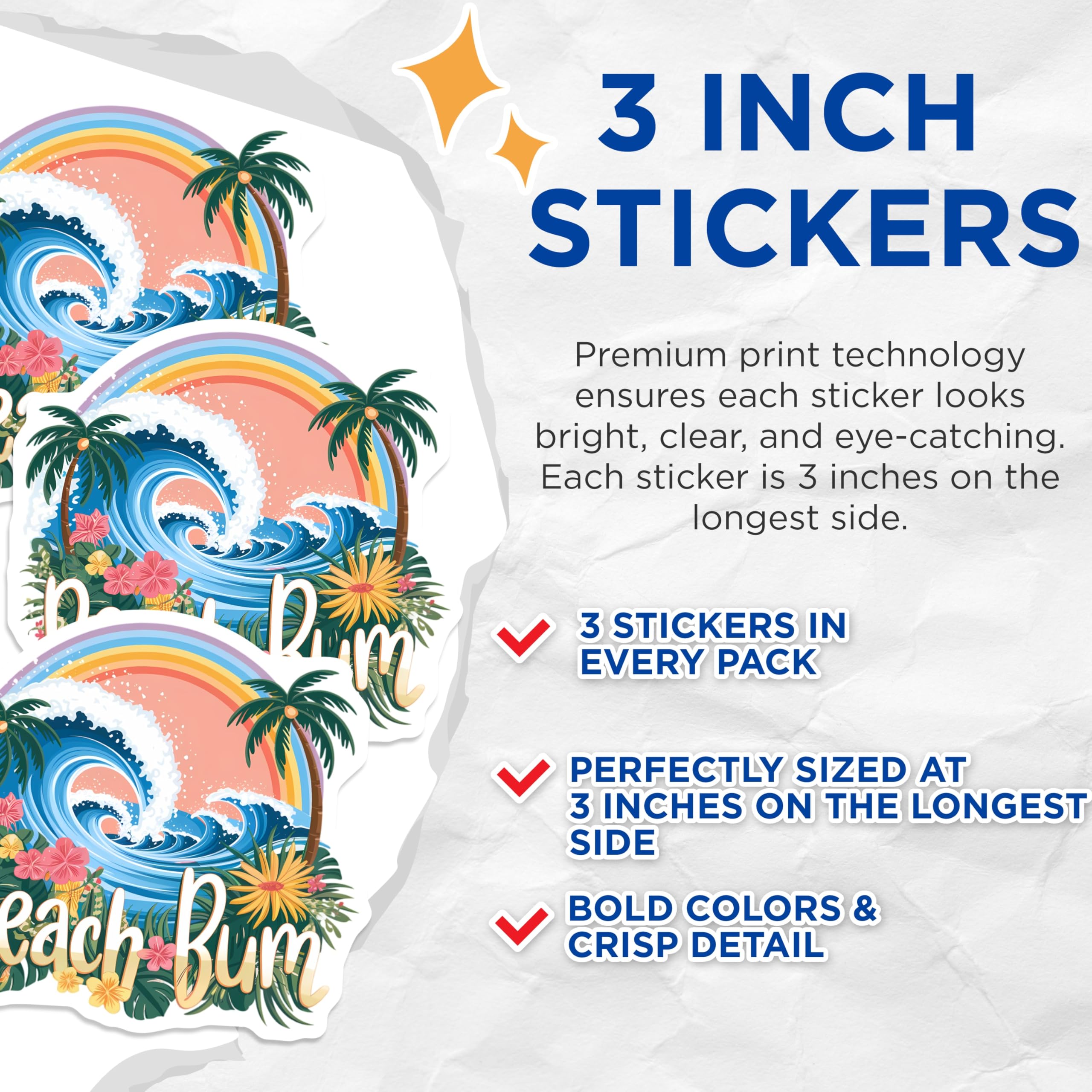 (3 Pack) Beach Bum Decals - Tropical Wave - Rainbow Decal - Summer Vibes - 3 Inches On Longest Side - Easy Peel & Apply - Made in USA - 3MCS8353