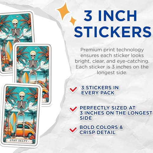 (3 Pack) Stay Salty Decals - Beach Skeleton Decal - Tropical Vibes Decal - 3 Inches On Longest Side - Easy Peel & Apply - Made in USA - 3MCS4095