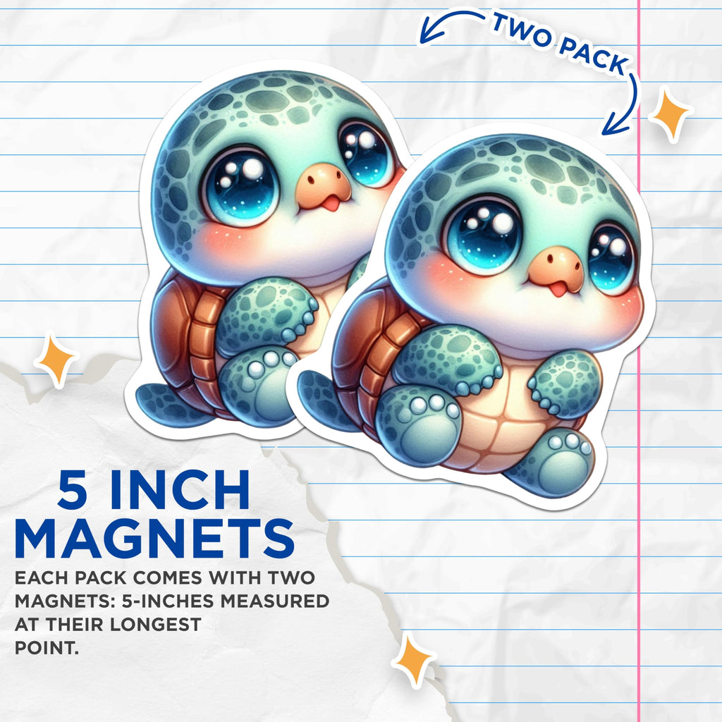 (2 Pack) Cute Turtle Magnets - Baby Sea Turtle Decor - Ocean Animal Art - Fridge Locker Magnets - 5 Inches On Longest Side - Thick Durable Magnet - Made in USA - MAG20746