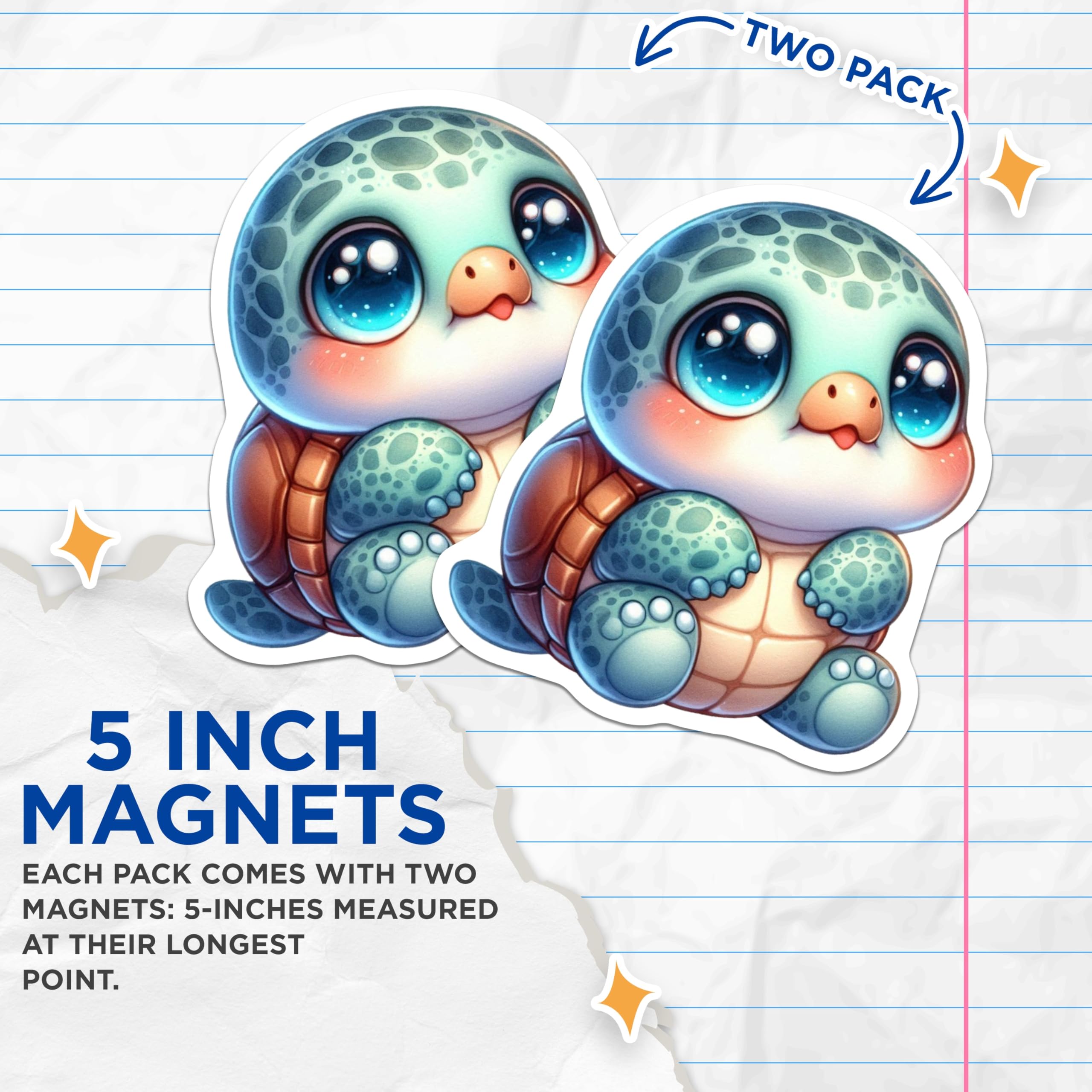 (2 Pack) Cute Turtle Magnets - Baby Sea Turtle Decor - Ocean Animal Art - Fridge Locker Magnets - 5 Inches On Longest Side - Thick Durable Magnet - Made in USA - MAG20746