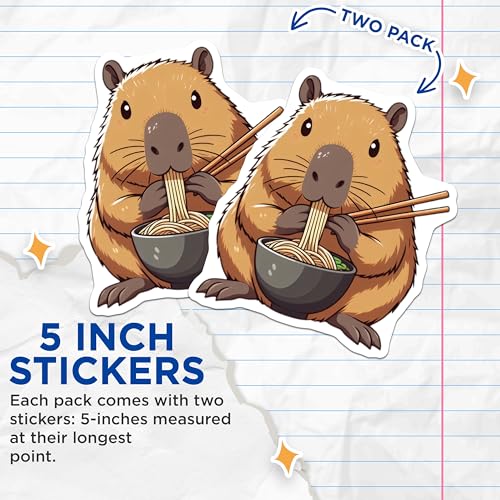 (2 Pack) Cute Capybara Stickers - Adorable Animal Sticker - Ramen Eating Capybara Decal - 5" On Longest Side - Sticks to Smooth Flat Surfaces - Made in USA - BMCS9908