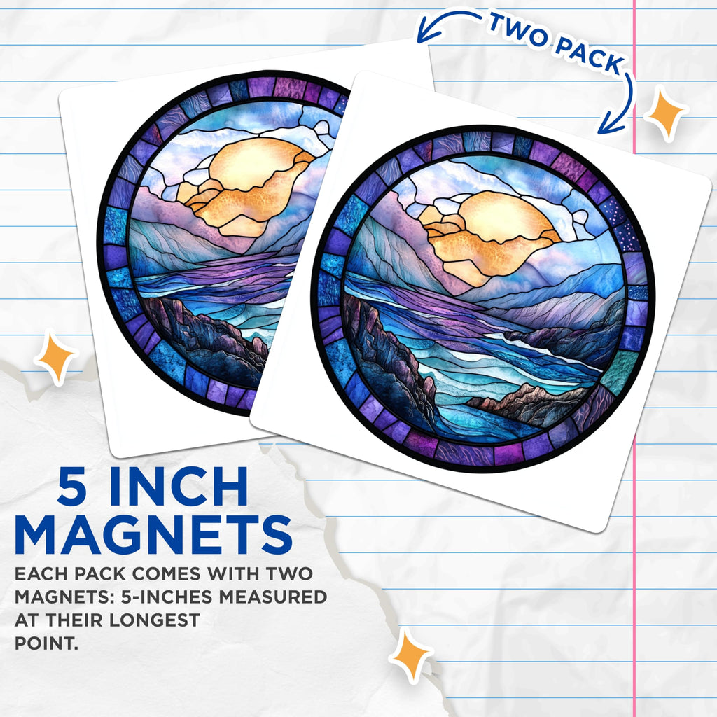 (2 Pack) Stained Glass Landscape Magnets - Mountain Ocean Sunrise Art - Cosmic Sky Scene Decor - 5 Inches On Longest Side - Thick Durable Magnet - Made in USA - MAG23791