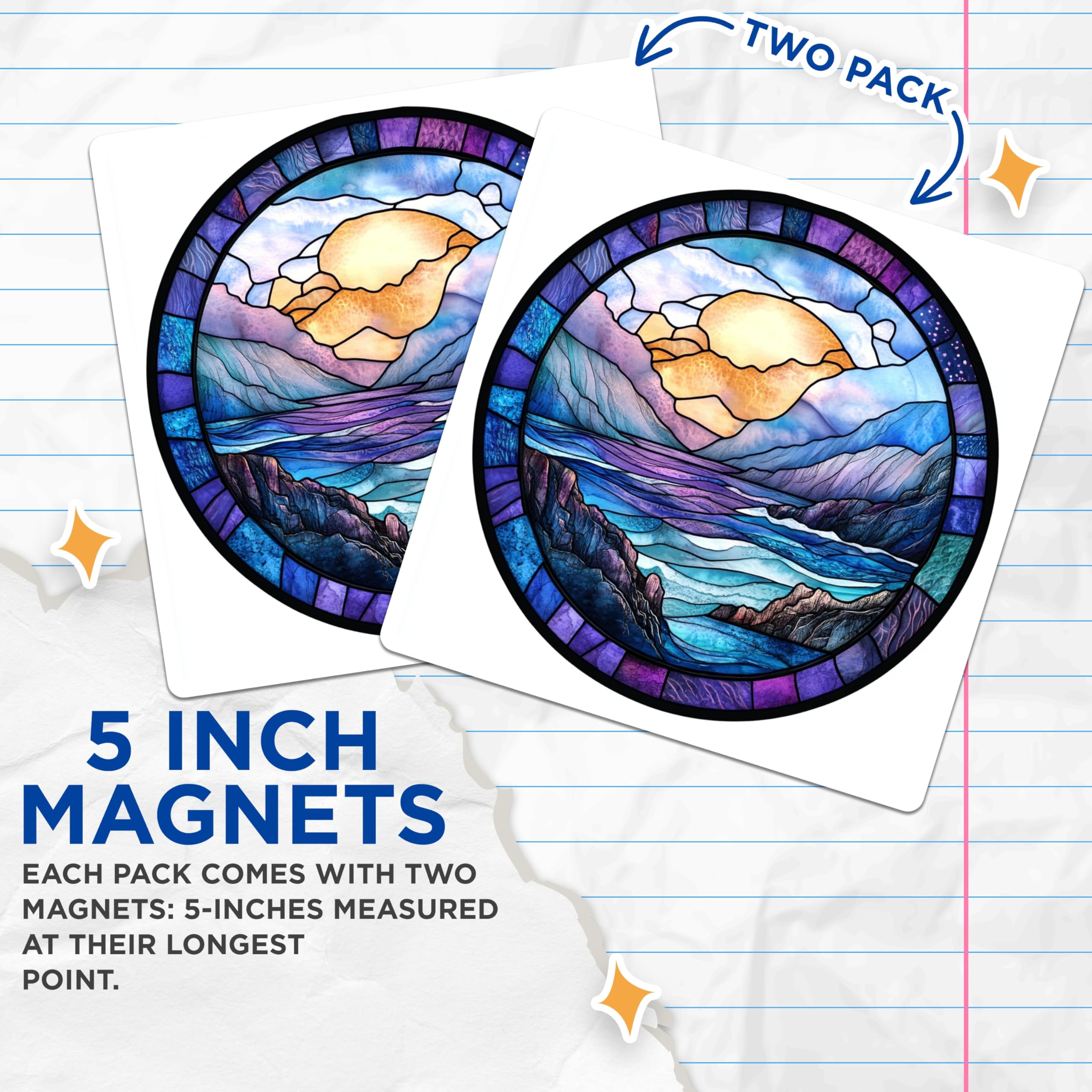 (2 Pack) Stained Glass Landscape Magnets - Mountain Ocean Sunrise Art - Cosmic Sky Scene Decor - 5 Inches On Longest Side - Thick Durable Magnet - Made in USA - MAG23791