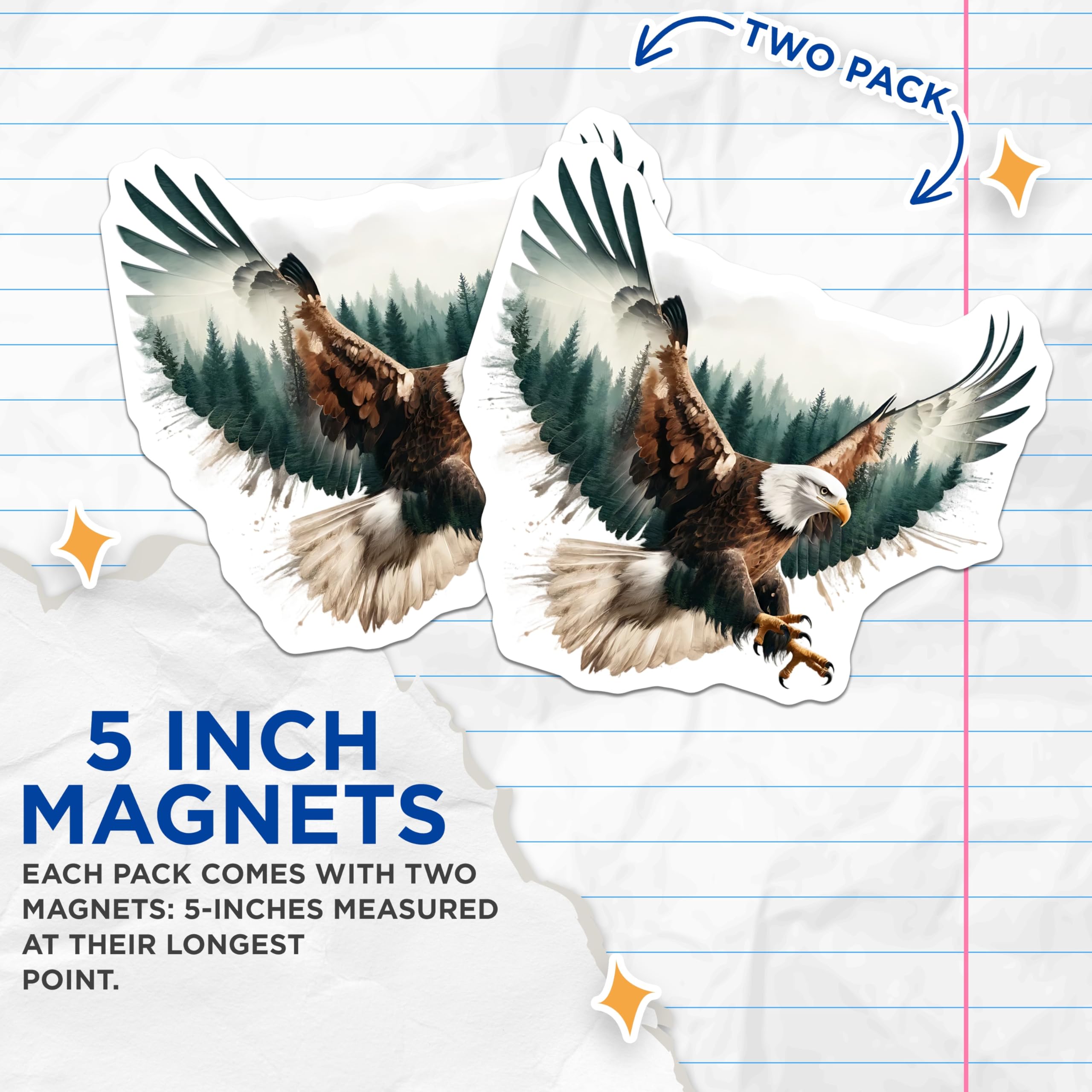 (2 Pack) Eagle Magnets - Wildlife Illustration - Majestic Bird Fridge Decor - 5" On Longest Side - Premium Magnet - for Cars, Refrigerators, Toolboxes, Lockers - Made in USA - MAG14346