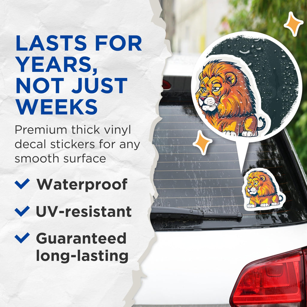 (2 Pack) Lion Stickers - Cartoon Lion Decor - Safari Animal Art - Jungle King Decal - 5" On Longest Side - Sticks to Smooth Flat Surfaces - Made in USA - BMCS21792