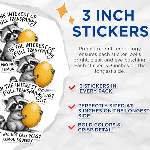 (3 Pack) Raccoon Lemon Decals - Funny Animal Stickers - Laptop Water Bottle Decal - 3 Inches On Longest Side - Easy Peel & Apply - Made in USA - 3MCS1799