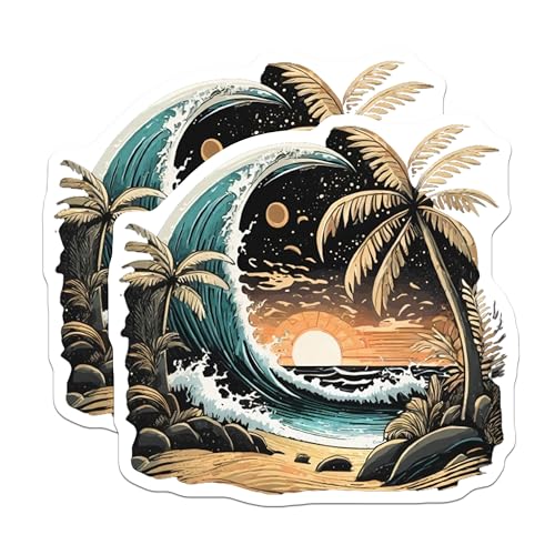 (2 Pack) Beach Sunset Wave Stickers - Tropical Palm Tree - Ocean Surf Art - 5" On Longest Side - Sticks to Smooth Flat Surfaces - Made in USA - BMCS9258