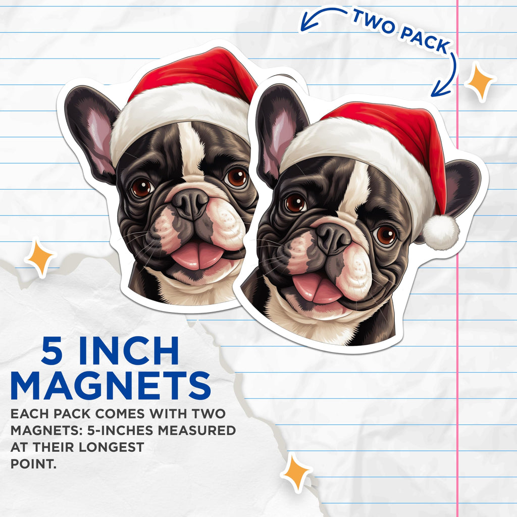 (2 Pack) French Bulldog Christmas Magnets - Santa Hat Dog Lover Decor - Festive Pet Parent Holiday Refrigerator Accent - 5 Inches On Longest Side - Thick Durable Magnet - Made in USA - MAG30582