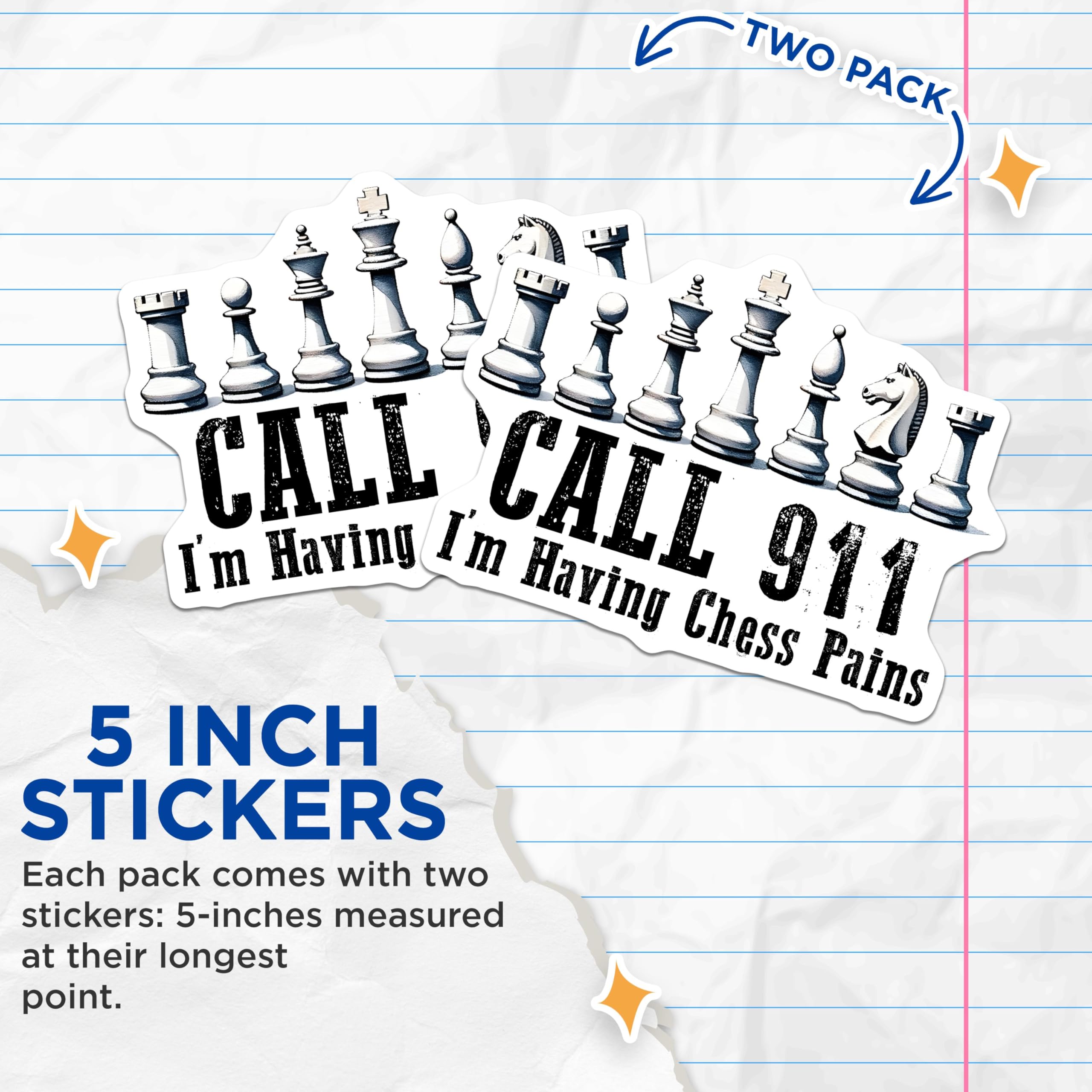 (2 Pack) Funny Chess Stickers - Call 911 I'm Having Chess Pains Stickers - Chess Humor Stickers - 5" On Longest Side - Sticks to Any Smooth Flat Surface - Made in USA - BMCS3197