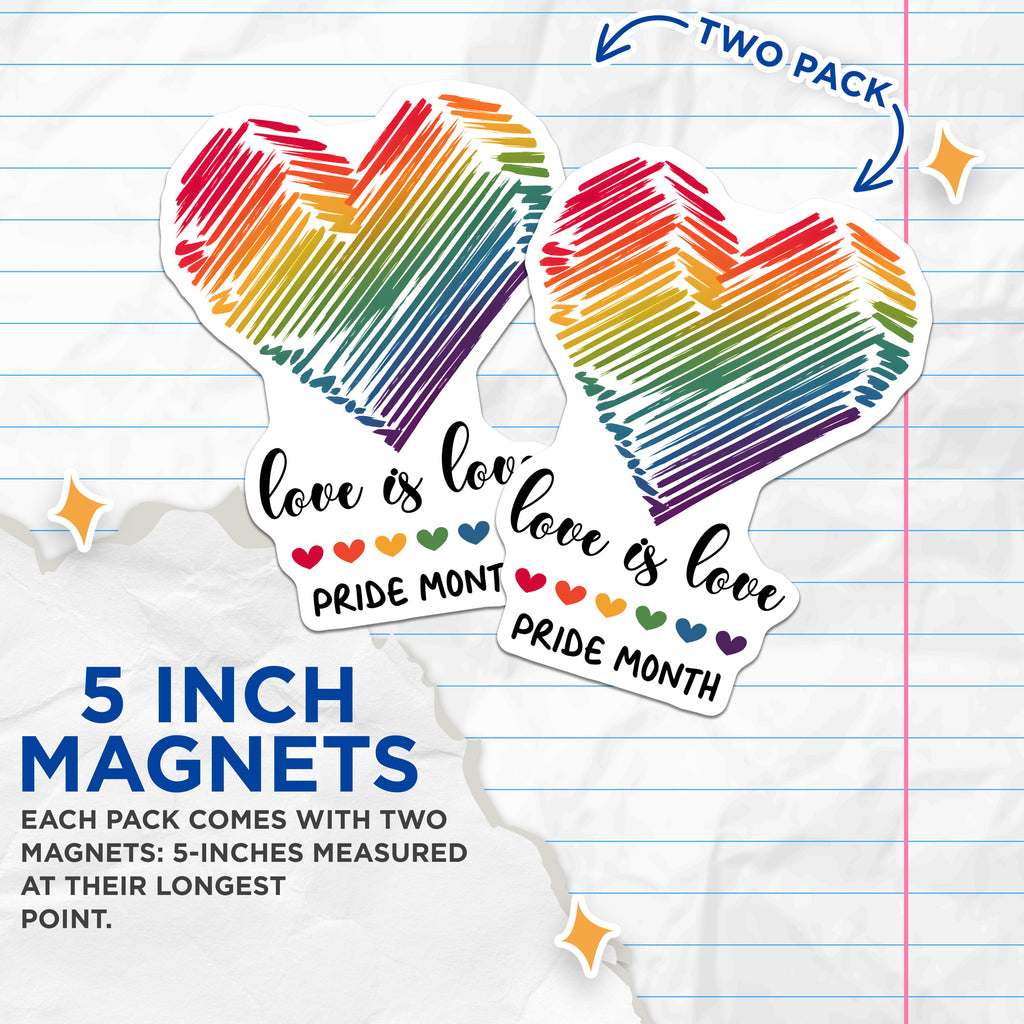 (2 Pack) Pride Magnets - Love is Love Decor - Rainbow Heart Ally Support - 5 Inches On Longest Side - Thick Durable Magnet - Made in USA - MAG38303