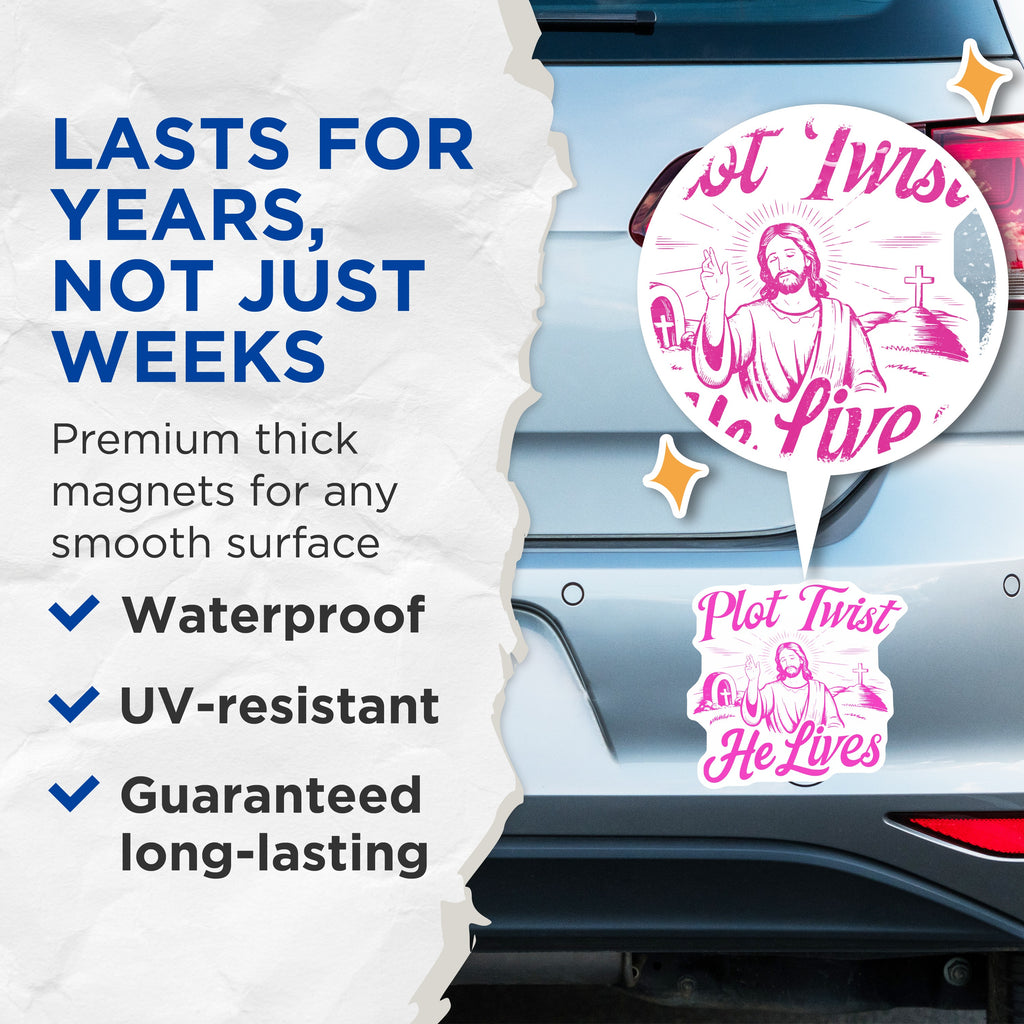 (2 Pack) Plot Twist He Lives Magnets - Funny Christian Faith - Jesus Humor Decor - Easter Resurrection Gift - 5 Inches On Longest Side - Thick Durable Magnet - Made in USA - MAG37135