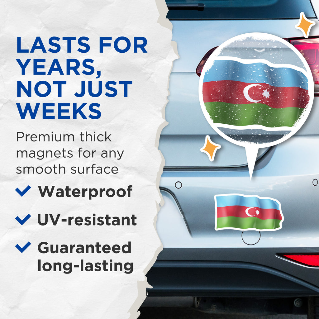 (2 Pack) Azerbaijan Flag Magnets - Azerbaijani National Emblem - Country Pride Souvenir - Home Decor Accent - 5 Inches On Longest Side - Thick Durable Magnet - Made in USA - MAG38497