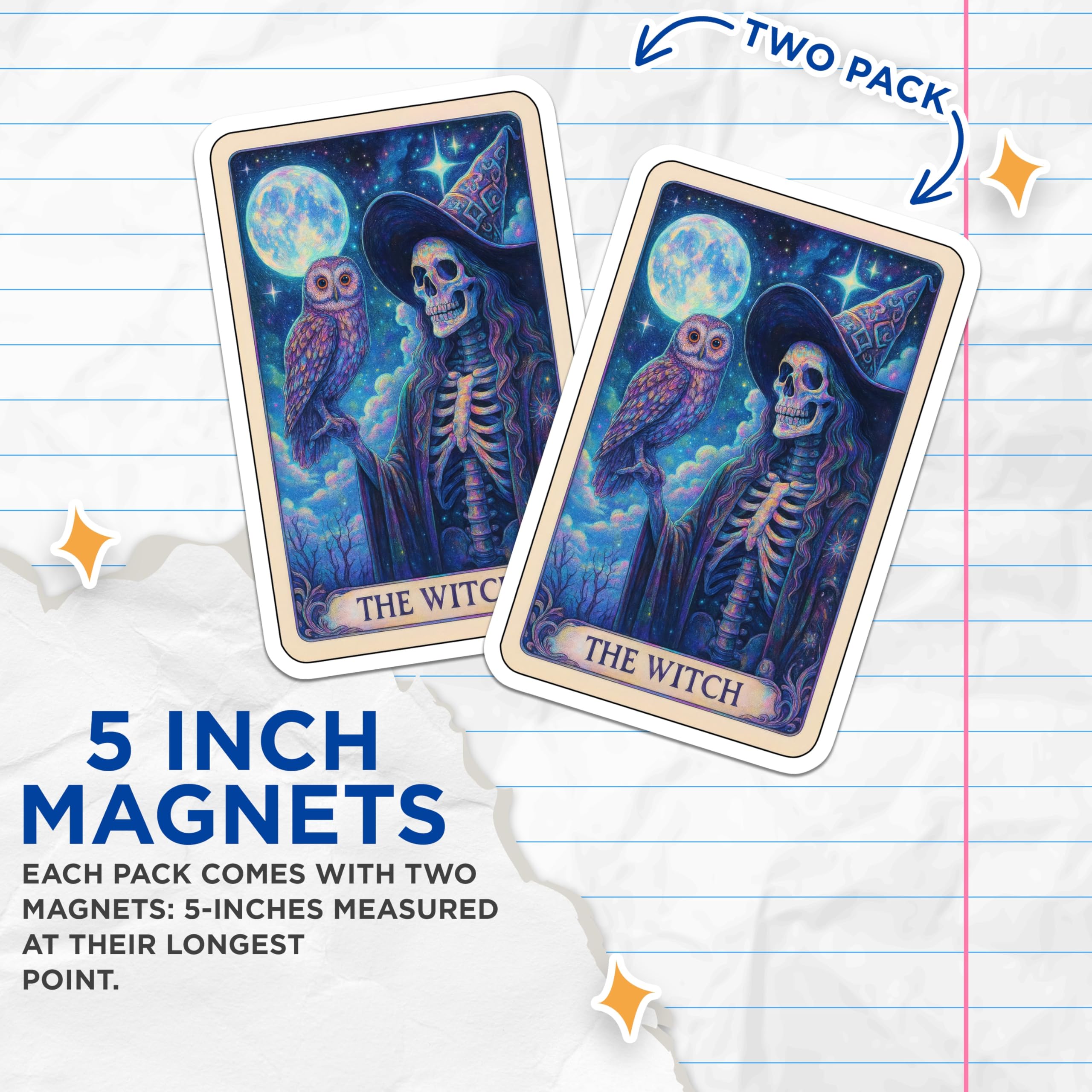 (2 Pack) Skeleton Witch Magnets - Mystical Owl Art - Celestial Full Moon Decor - 5 Inches On Longest Side - Thick Durable Magnet - Made in USA - MAG22926