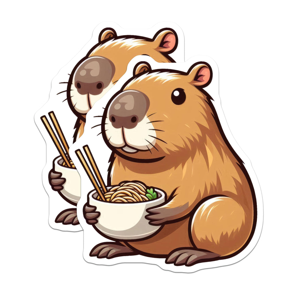 (2 Pack) Capybara Eating Noodles Stickers - Cute Animal Sticker - Kawaii Capybara Decal - 5" On Longest Side - Sticks to Smooth Flat Surfaces - Made in USA - BMCS9912