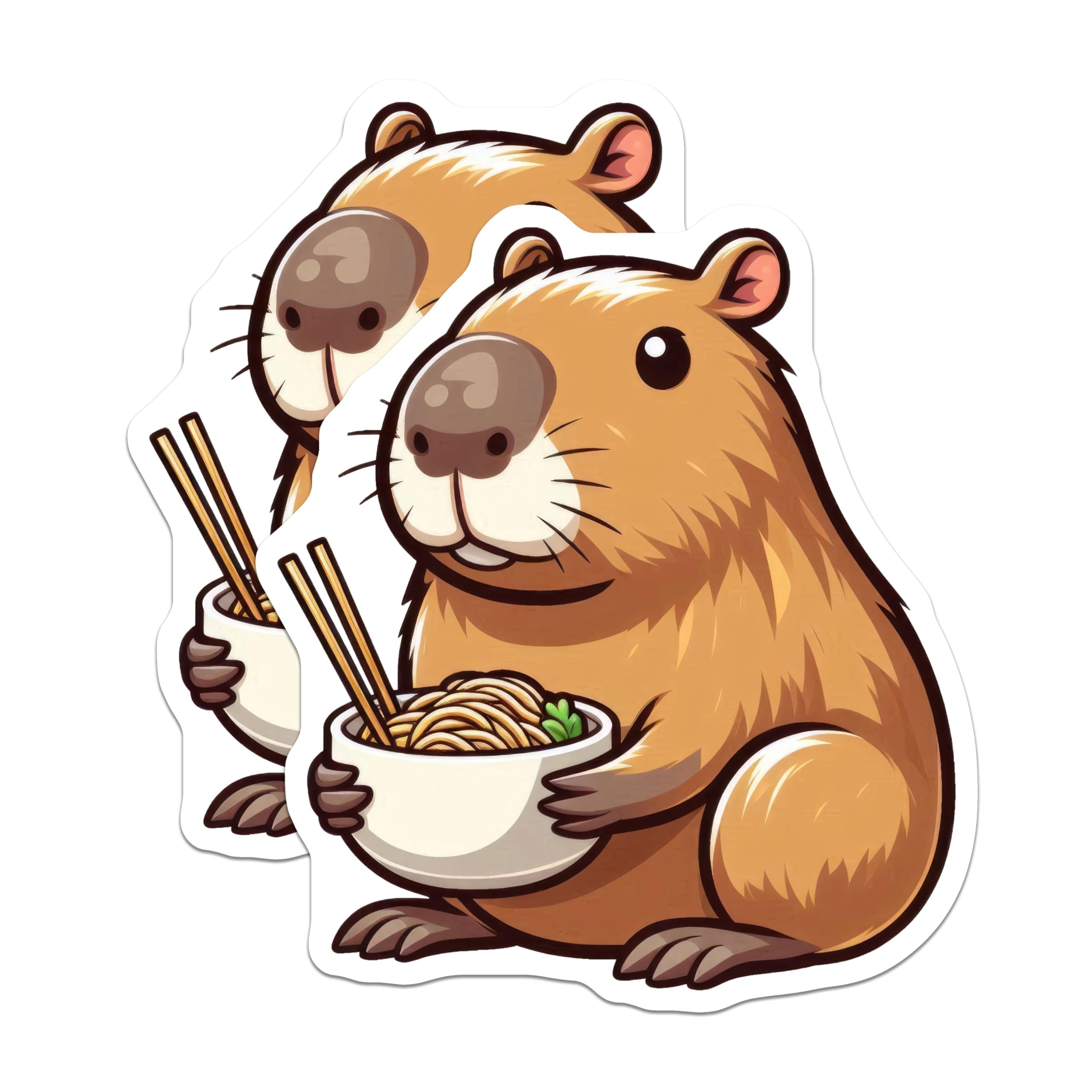(2 Pack) Capybara Eating Noodles Stickers - Cute Animal Sticker - Kawaii Capybara Decal - 5" On Longest Side - Sticks to Smooth Flat Surfaces - Made in USA - BMCS9912