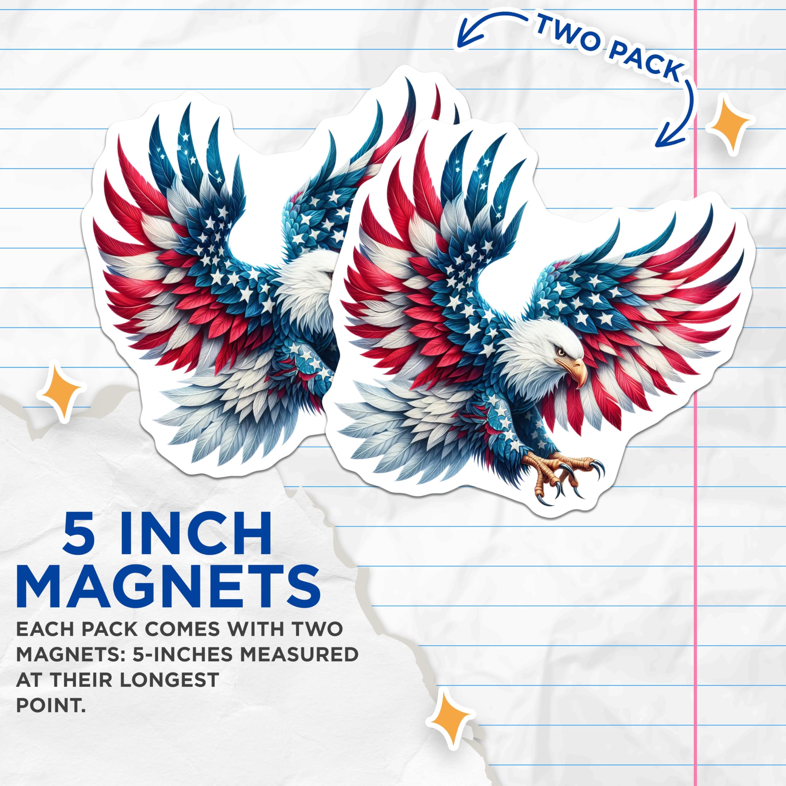 (2 Pack) American Flag Eagle Magnets - Majestic Patriotic USA Freedom Symbol - Independence Day Home Decor - Veterans Day - 5 Inches On Longest Side - Thick Durable Magnet - Made in USA - MAG22379