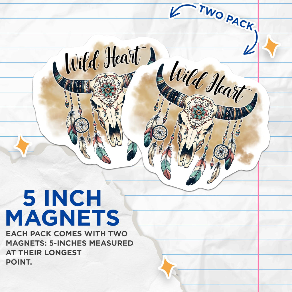 (2 Pack) Wild Heart Magnets - Bull Skull Boho - Dreamcatcher Refrigerator Magnets - 5" On Longest Side - Premium Magnet - for Cars, Refrigerators, Toolboxes, Lockers - Made in USA - MAG15373