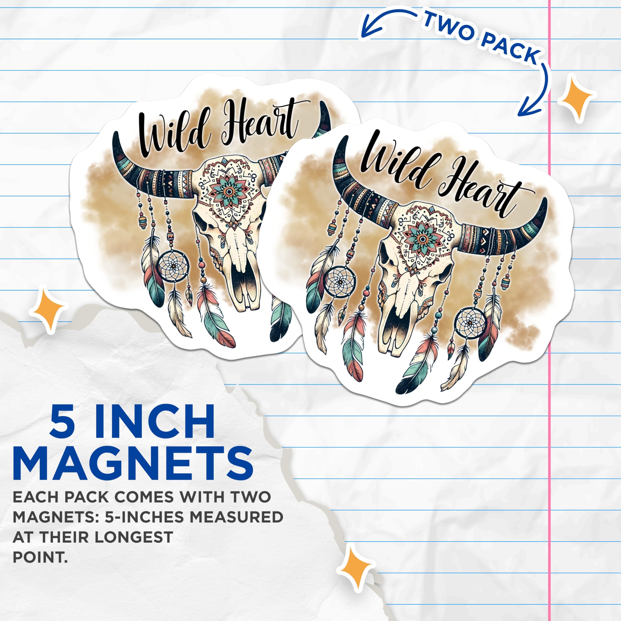 (2 Pack) Wild Heart Magnets - Bull Skull Boho - Dreamcatcher Refrigerator Magnets - 5" On Longest Side - Premium Magnet - for Cars, Refrigerators, Toolboxes, Lockers - Made in USA - MAG15373