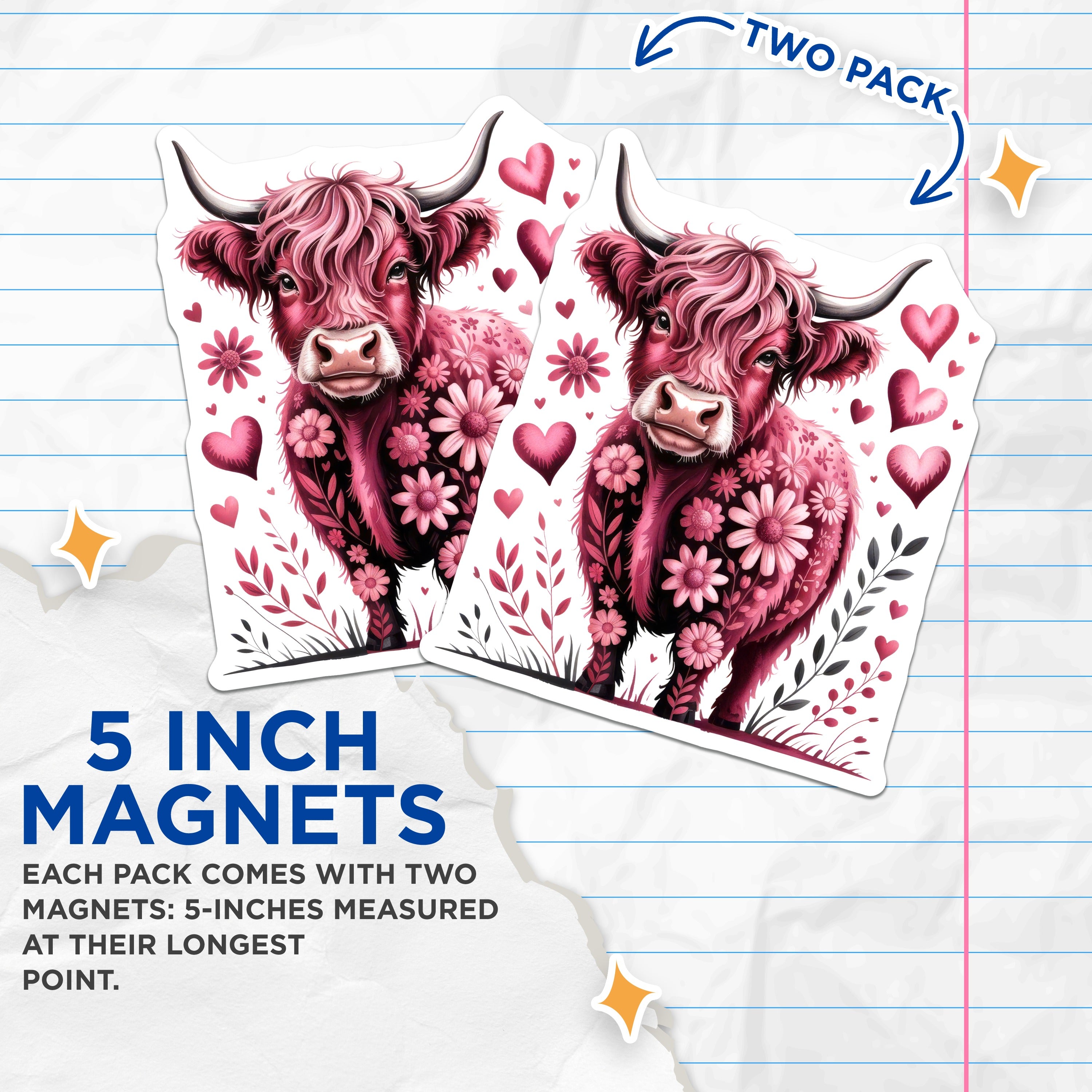 (2 Pack) Pink Highland Cow Magnets - Floral Farmhouse Decor - Cute Coquette Refrigerator Magnet - 5 Inches On Longest Side - Thick Durable Magnet - Made in USA - MAG38078