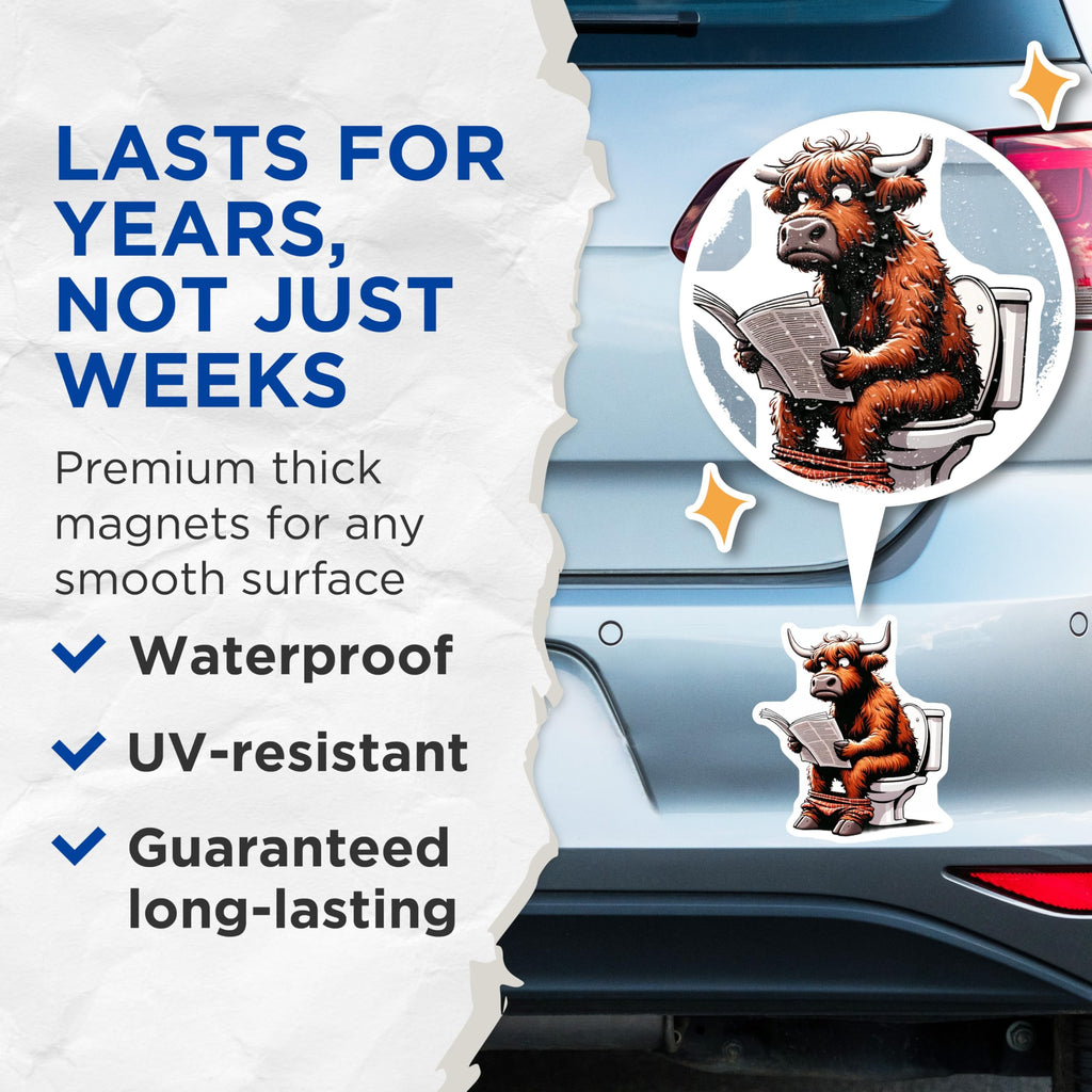 (2 Pack) Highland Cow Magnets - Funny Animal Magnets - Reading Newspaper - Bathroom Decor - 5" On Longest Side - Premium Magnet - for Cars, Refrigerators, Toolboxes, Lockers - Made in USA - MAG15209