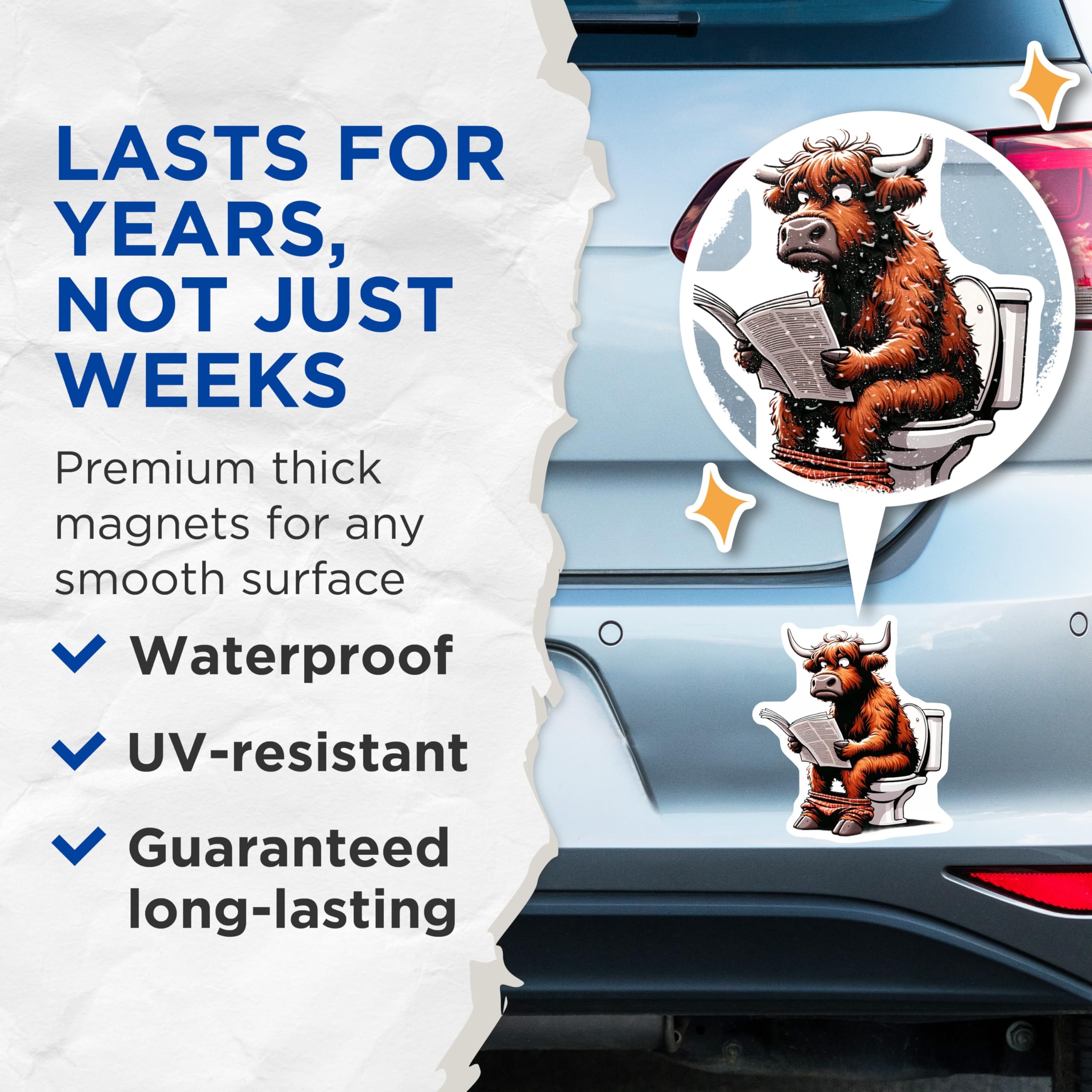 (2 Pack) Highland Cow Magnets - Funny Animal Magnets - Reading Newspaper - Bathroom Decor - 5" On Longest Side - Premium Magnet - for Cars, Refrigerators, Toolboxes, Lockers - Made in USA - MAG15209