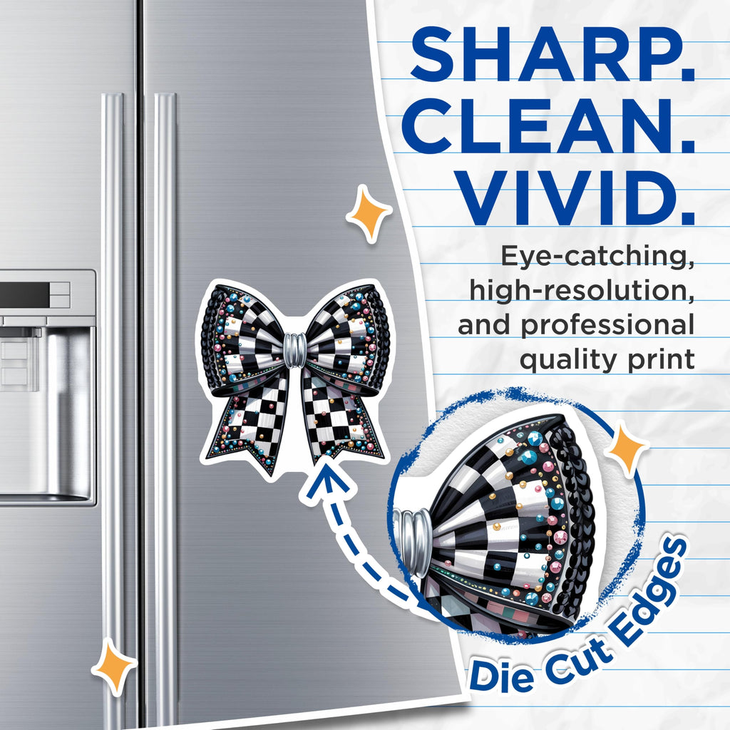 (2 Pack) Black White Checkerboard Bow Magnets - Sparkling Jeweled Rhinestone Decor - Glamorous Whimsical Kitchen Accent - 5 Inches On Longest Side - Thick Durable Magnet - Made in USA - MAG23203