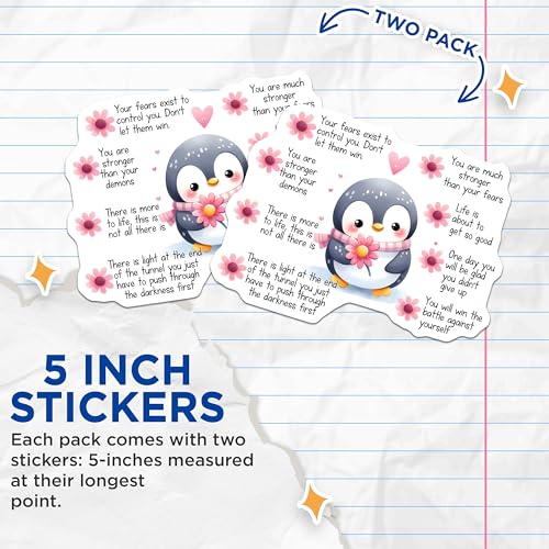 (2 Pack) Motivational Penguin Stickers - Inspirational Quotes - Encouraging Words - Cute Animal Decals - 5" On Longest Side - Sticks to Smooth Flat Surfaces - Made in USA - BMCS8332