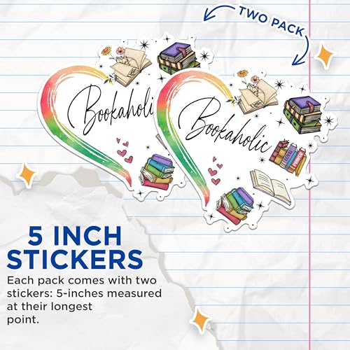 (2 Pack) Bookaholic Stickers - Reader's Heart Stickers - Bibliophile Stickers for Laptop and Journal - 5" On Longest Side - Sticks to Any Smooth Flat Surface - Made in USA - BMCS2864