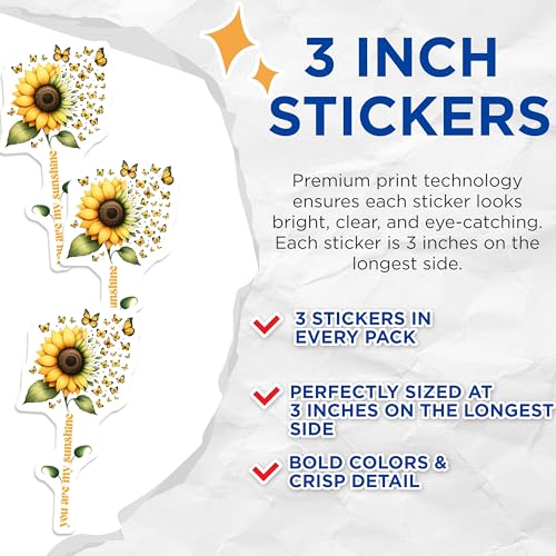 (3 Pack) Sunflower Decals - Butterfly Decal - Laptop Decals - 3 Inches On Longest Side - Easy Peel & Apply - Made in USA - 3MCS6745