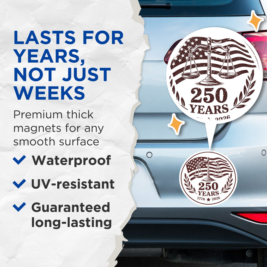 (2 Pack) 250 Years USA Magnets - American Justice Scales - Independence Day History Decor - Patriot Law Enthusiast - 5 Inches On Longest Side - Thick Durable Magnet - Made in USA - MAG39729
