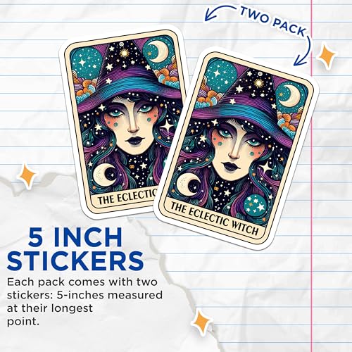 (2 Pack) Eclectic Witch Stickers - Mystic Moon Stickers - Celestial Art Stickers - 5" On Longest Side - Sticks to Smooth Flat Surfaces - Made in USA - BMCS5399