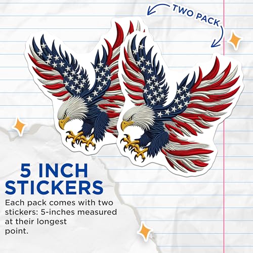 (2 Pack) American Bald Eagle Stickers - Patriotic USA Decals - Eagle with American Flag Wings - 5" On Longest Side - Sticks to Smooth Flat Surfaces - Made in USA - BMCS7155
