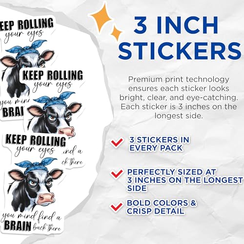 (3 Pack) Sarcastic Cow Decals - Funny Animal Sayings - Rolling Eyes Laptop Decal - 3 Inches On Longest Side - Easy Peel & Apply - Made in USA - 3MCS8573