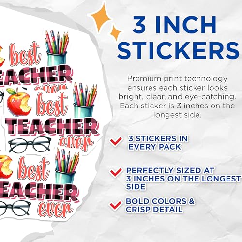 (3 Pack) Teacher Decals - Best Teacher Ever - Apple Pencils Laptop Decal - 3 Inches On Longest Side - Easy Peel & Apply - Made in USA - 3MCS6798