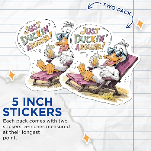 (2 Pack) Duckin Around Stickers - Funny Animal Decals - Cute Duck Art - 5" On Longest Side - Sticks to Smooth Flat Surfaces - Made in USA - BMCS8544