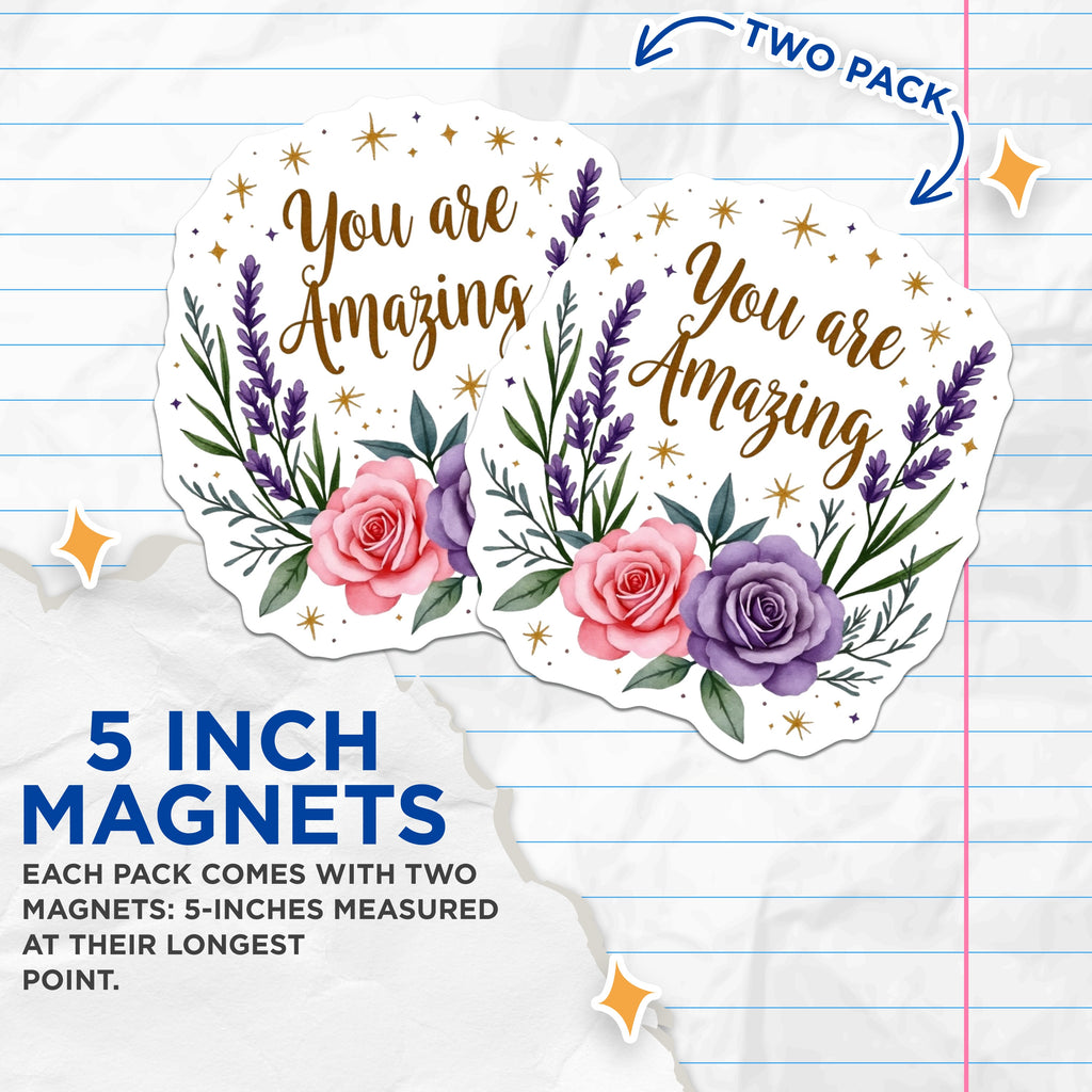 (2 Pack) You are Amazing Quote Magnets - Floral Lavender Rose - Positive Affirmation Fridge - Watercolor Art - 5 Inches On Longest Side - Thick Durable Magnet - Made in USA - MAG39486