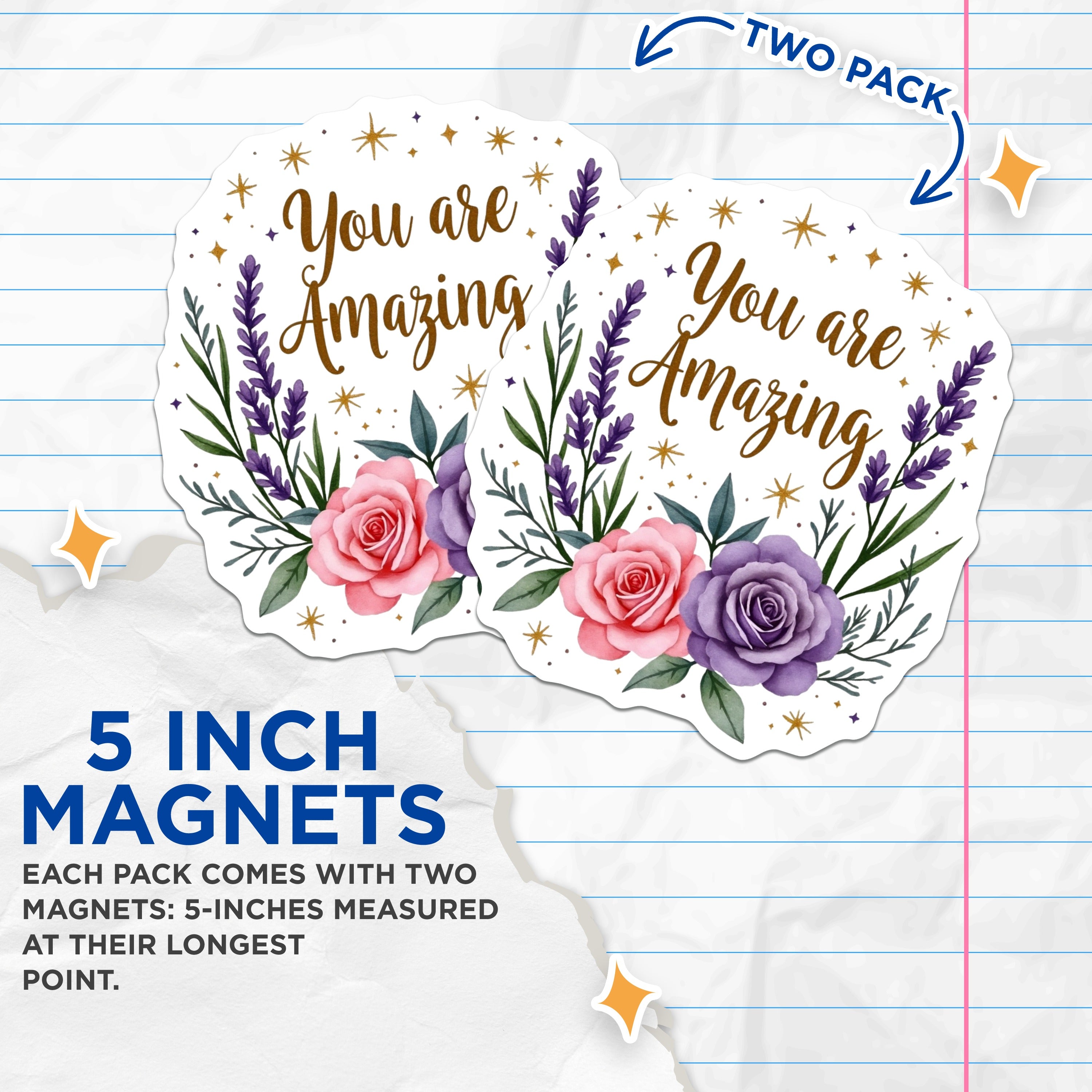 (2 Pack) You are Amazing Quote Magnets - Floral Lavender Rose - Positive Affirmation Fridge - Watercolor Art - 5 Inches On Longest Side - Thick Durable Magnet - Made in USA - MAG39486