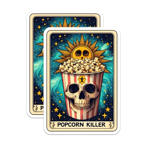 (2 Pack) Popcorn Killer Stickers - Skull Popcorn Art Decals - Sun and Stars Design Stickers - 5" On Longest Side - Sticks to Smooth Flat Surfaces - Made in USA - BMCS5268