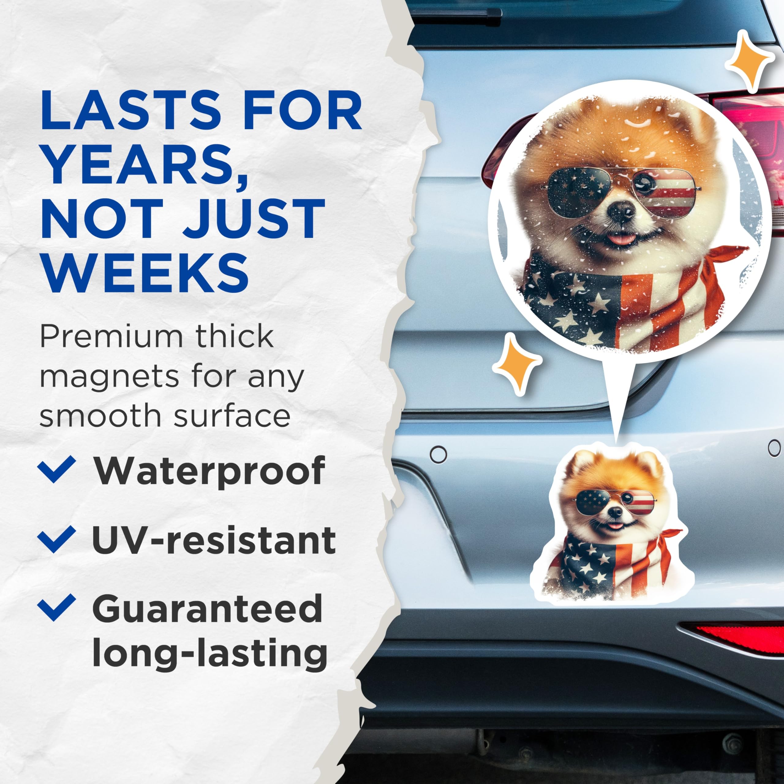 (2 Pack) Pomeranian Dog Magnets - American Flag Patriotic Decor - Cute Puppy Fridge Magnets - 5" On Longest Side - Premium Magnet - for Cars, Refrigerators, Toolboxes, Lockers - Made in USA - MAG15837