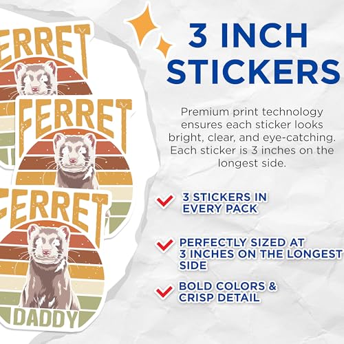 (3 Pack) Ferret Daddy Decals - Retro Ferret Pet - Ferret Lover Gift - 3 Inches On Longest Side - Easy Peel & Apply - Made in USA - 3MCS4821
