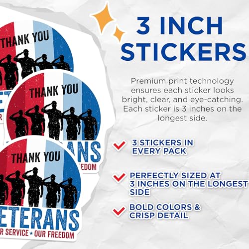 (3 Pack) Veterans Day Decals - Thank You Veterans - Military Appreciation Laptop Decal - 3 Inches On Longest Side - Easy Peel & Apply - Made in USA - 3MCS4565