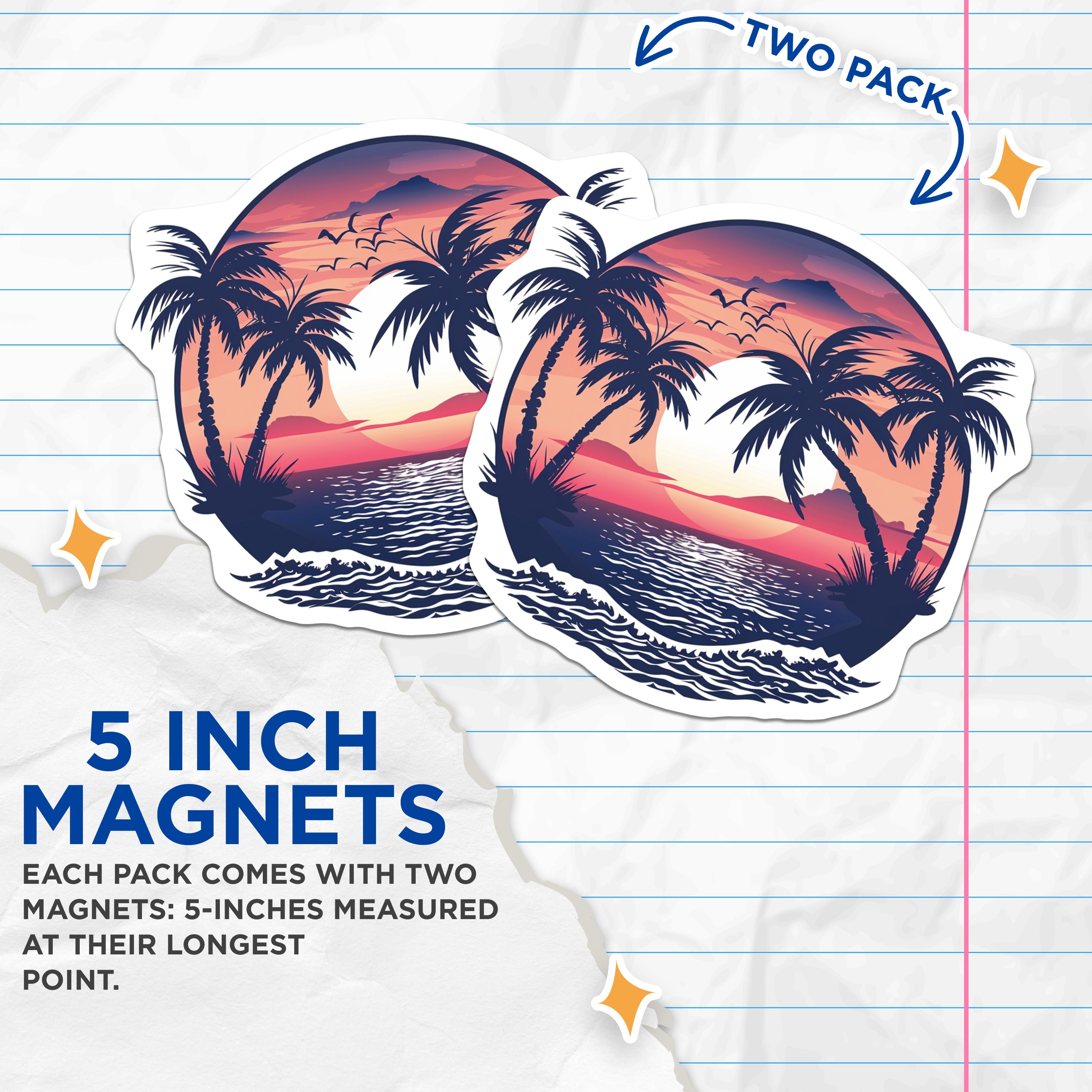 (2 Pack) Tropical Sunset Magnets - Palm Tree Beach Scene - Ocean Landscape Refrigerator Decor - 5 Inches On Longest Side - Thick Durable Magnet - Made in USA - MAG38179